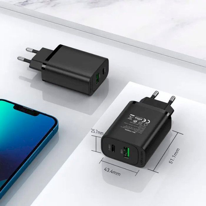Зарядний пристрій Vention 2xUSB 38W (USB-C+USB-A) PD+QC3.0 black (FBIB0-EU) зображення 10