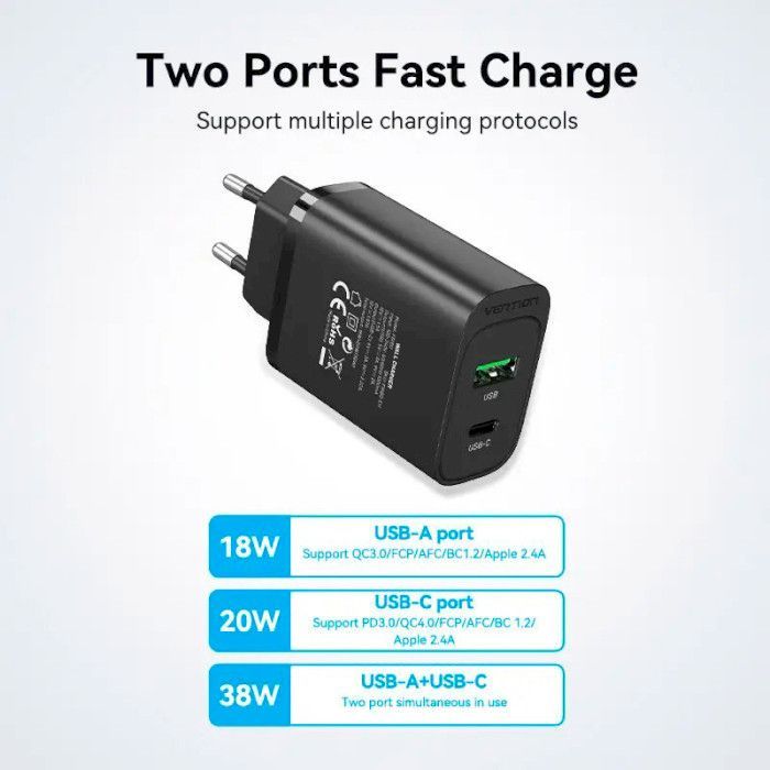Зарядний пристрій Vention 2xUSB 38W (USB-C+USB-A) PD+QC3.0 black (FBIB0-EU) зображення 3