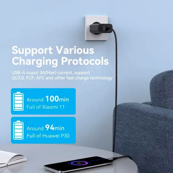 Зарядний пристрій Vention 2xUSB 38W (USB-C+USB-A) PD+QC3.0 black (FBIB0-EU) зображення 5