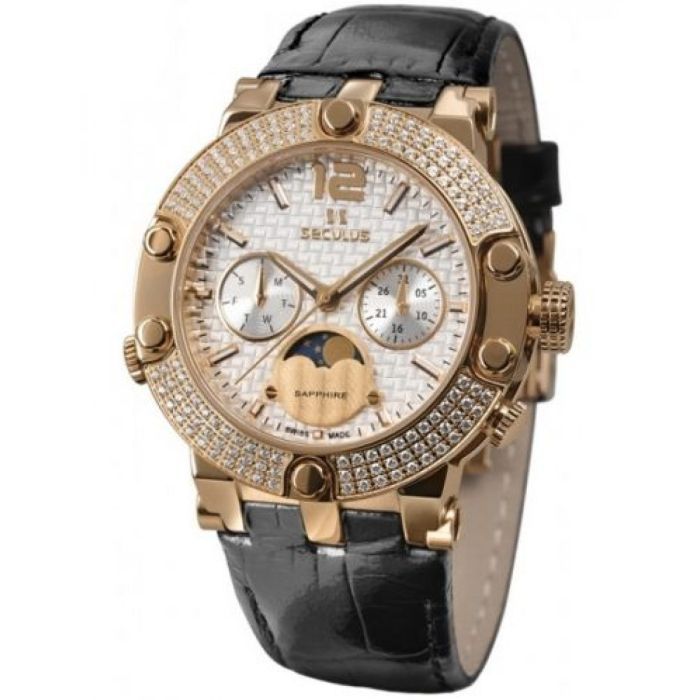 Наручний годинник Seculus 1690.5.706 white, pvd-r with stones, black leather