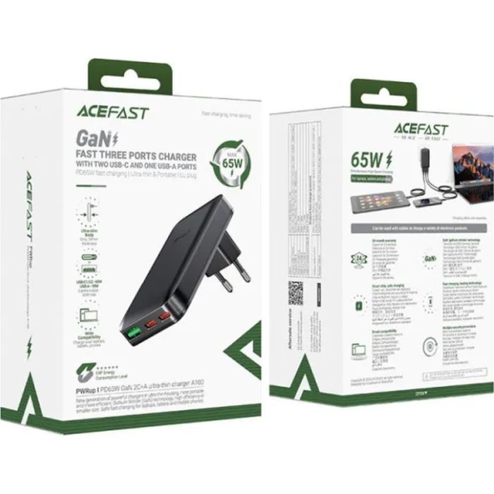 Зарядний пристрій Acefast 3xUSB 65W (2xUSB-C+USB-A) Gan A100 Fast Charger Ultra thin black (6974316283492) зображення 6