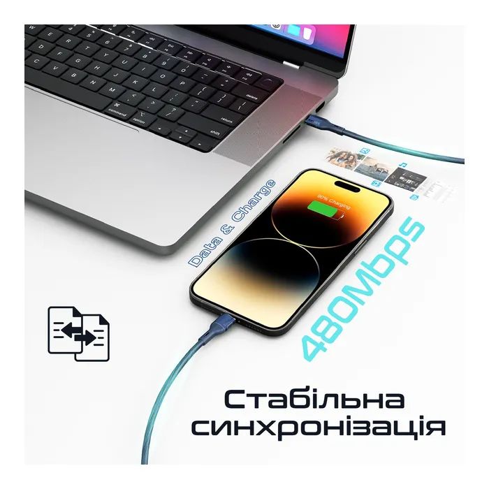 Дата кабель USB-C to Lightning 1.2m 27W PD FletchLink-CI blue Promate (fletchlink-ci.blue) зображення 5