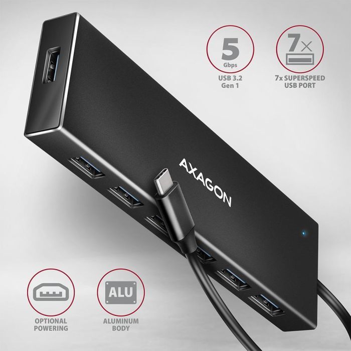 Концентратор AXAGON USB-C to 7xUSB 3.0 black (HUE-F7C) изображение 2
