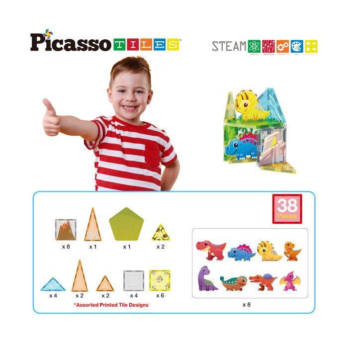 Конструктор Picasso магнитный Tiles Dinosaur Set с 8 фигурками динозавров 38 деталей (817338028848) изображение 2