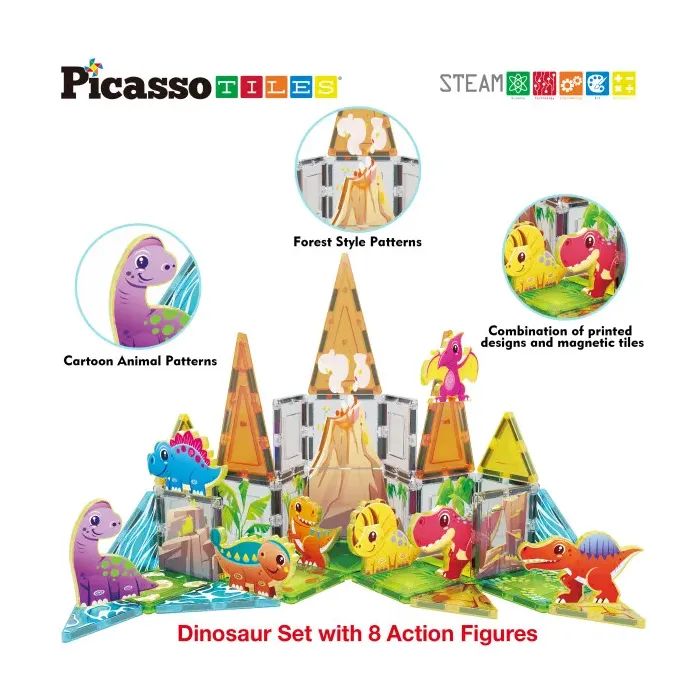 Конструктор Picasso магнитный Tiles Dinosaur Set с 8 фигурками динозавров 38 деталей (817338028848) изображение 6