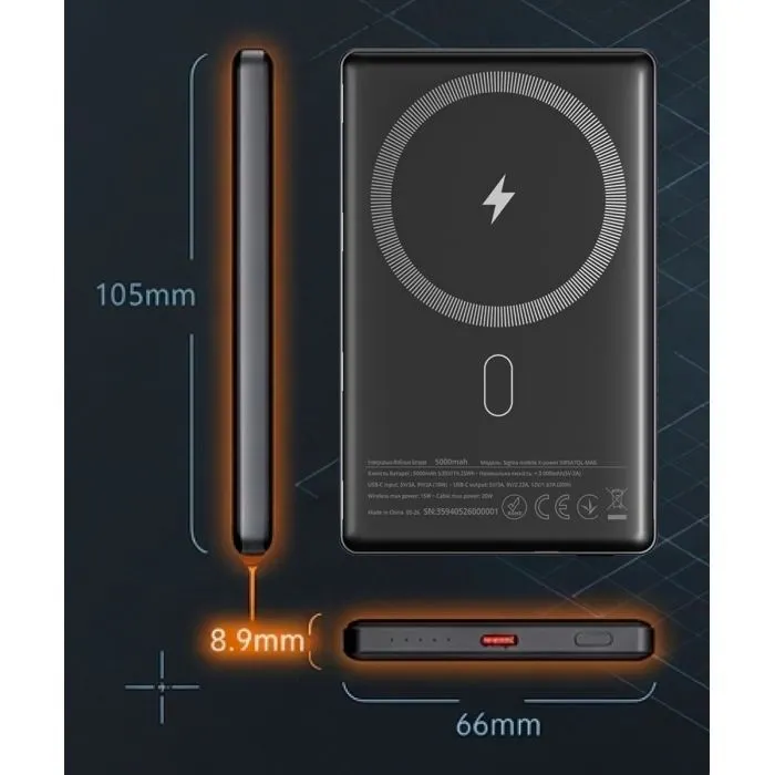 Батарея универсальная Sigma X-power SI05A7QL-MAG 5000mAh, Magnetic wireless 15W, PD, QC, 20Wmax, MagSafe (4827798359419) изображение 10