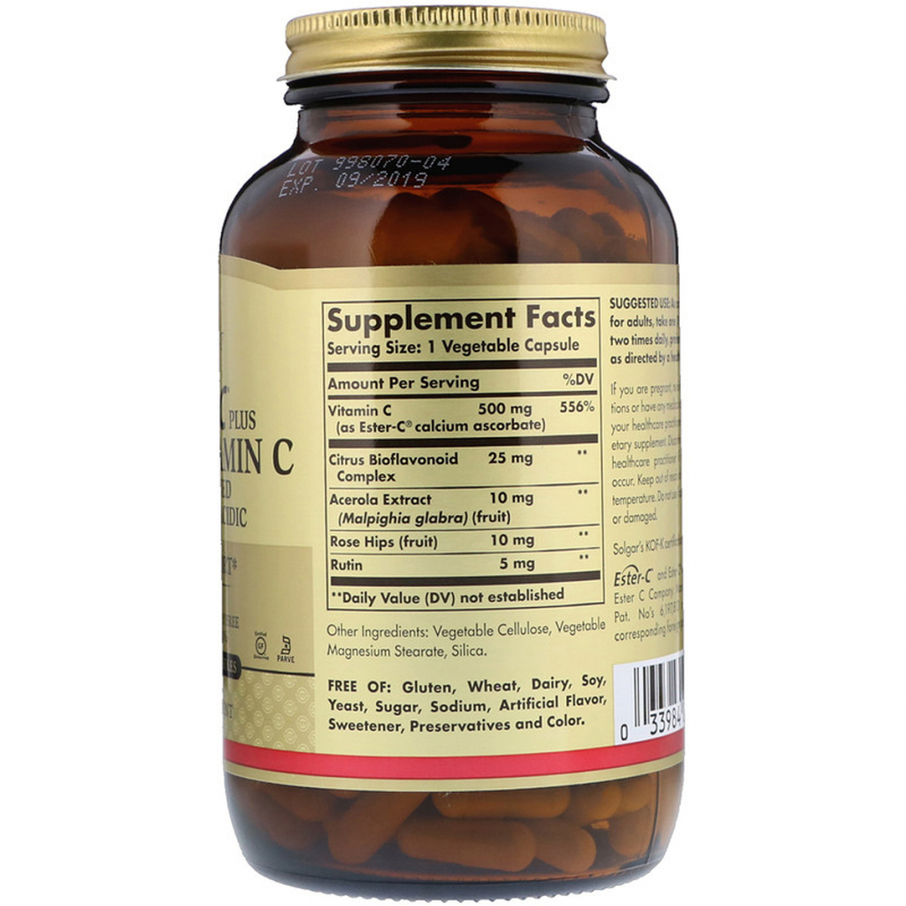 Вітамін Solgar Вітамін С 500 мг, Ester-C Plus, 250 вегетаріанських капсул (SOL-01049) зображення 2