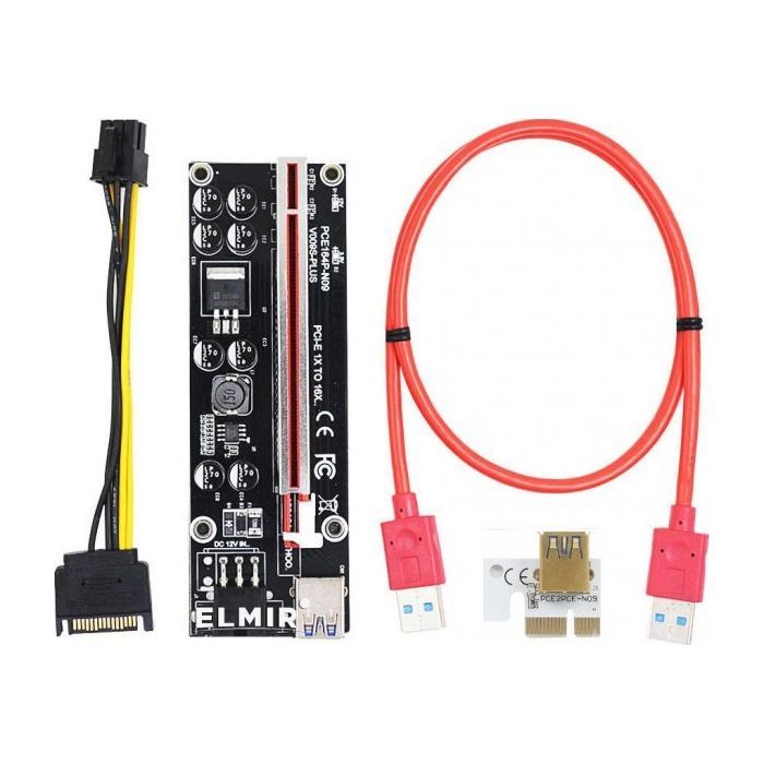 Райзер Dynamode PCI-E x1 to 16x 60cm USB 3.0 Red Cable SATA to 6Pin Power v. (RX-riser 009S Plus)