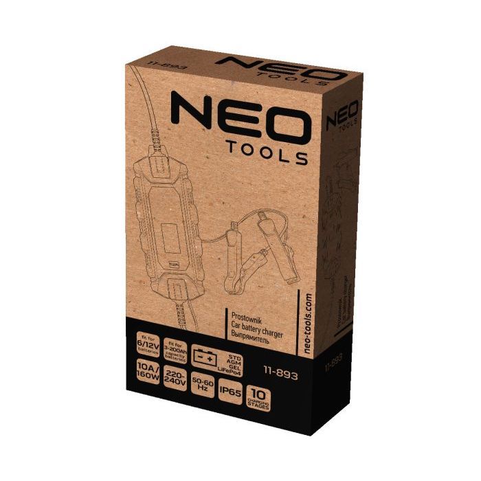 Зарядное устройство для автомобильного аккумулятора Neo Tools 10А/160Вт, 3-200Ач, для STD/AGM/GEL/LiFePO4 (11-893) изображение 2