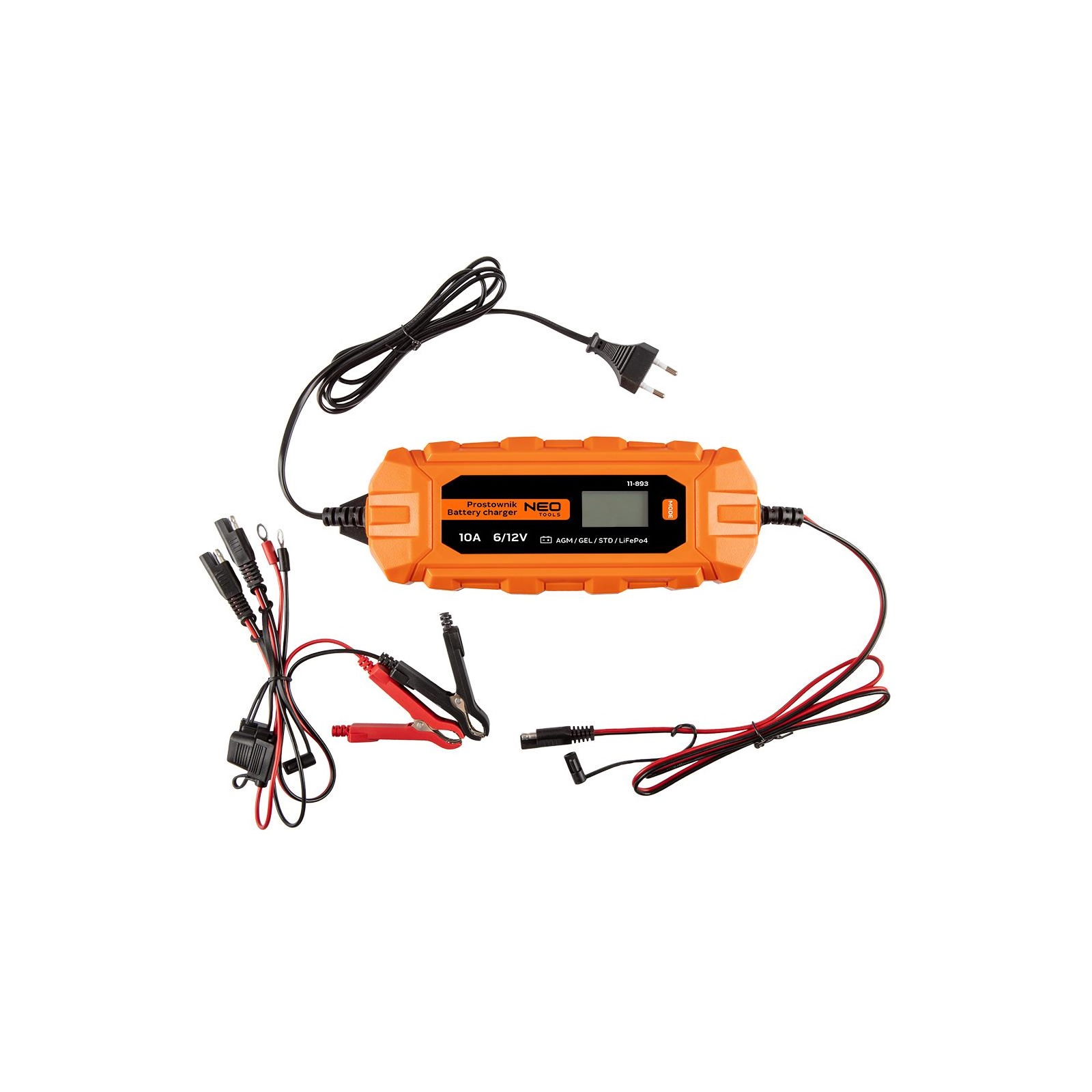 Зарядное устройство для автомобильного аккумулятора Neo Tools 10А/160Вт, 3-200Ач, для STD/AGM/GEL/LiFePO4 (11-893)