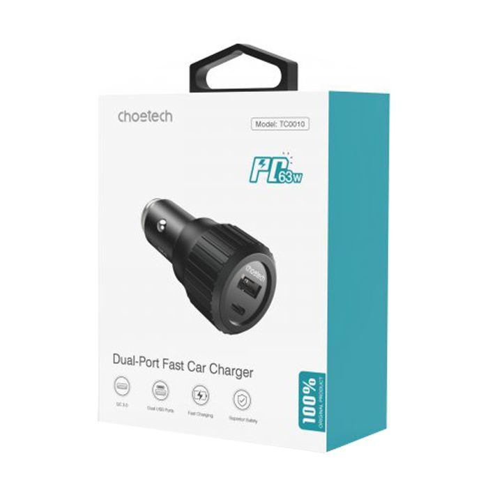 Зарядное устройство Choetech car USB-A/USB-C 63W QC3.0/PD/PPS black (TC0010-BK) изображение 3