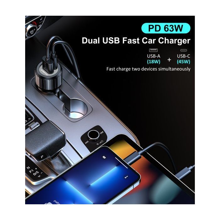 Зарядное устройство Choetech car USB-A/USB-C 63W QC3.0/PD/PPS black (TC0010-BK) изображение 6