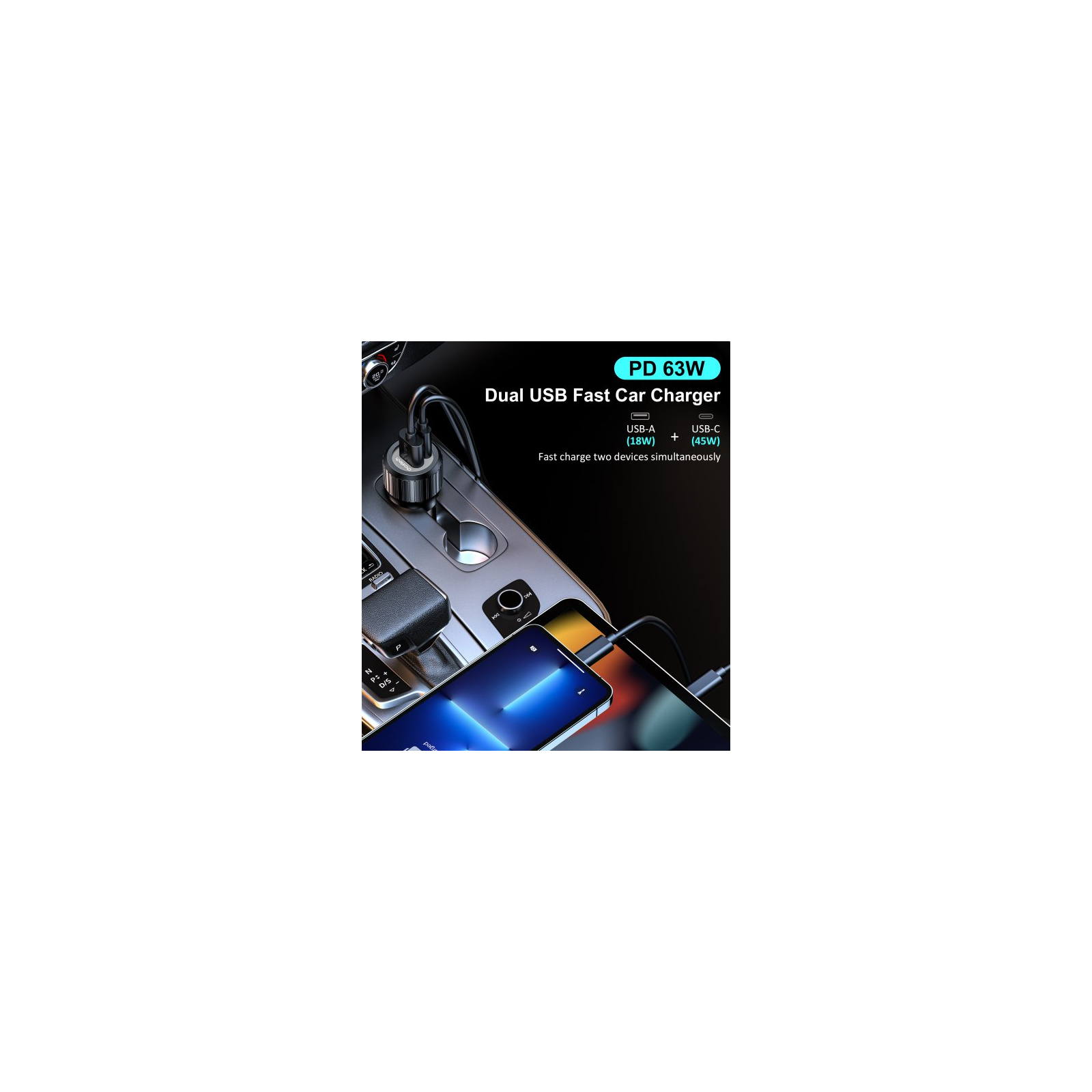 Зарядний пристрій Choetech car USB-A/USB-C 63W QC3.0/PD/PPS black (TC0010-BK) зображення 6