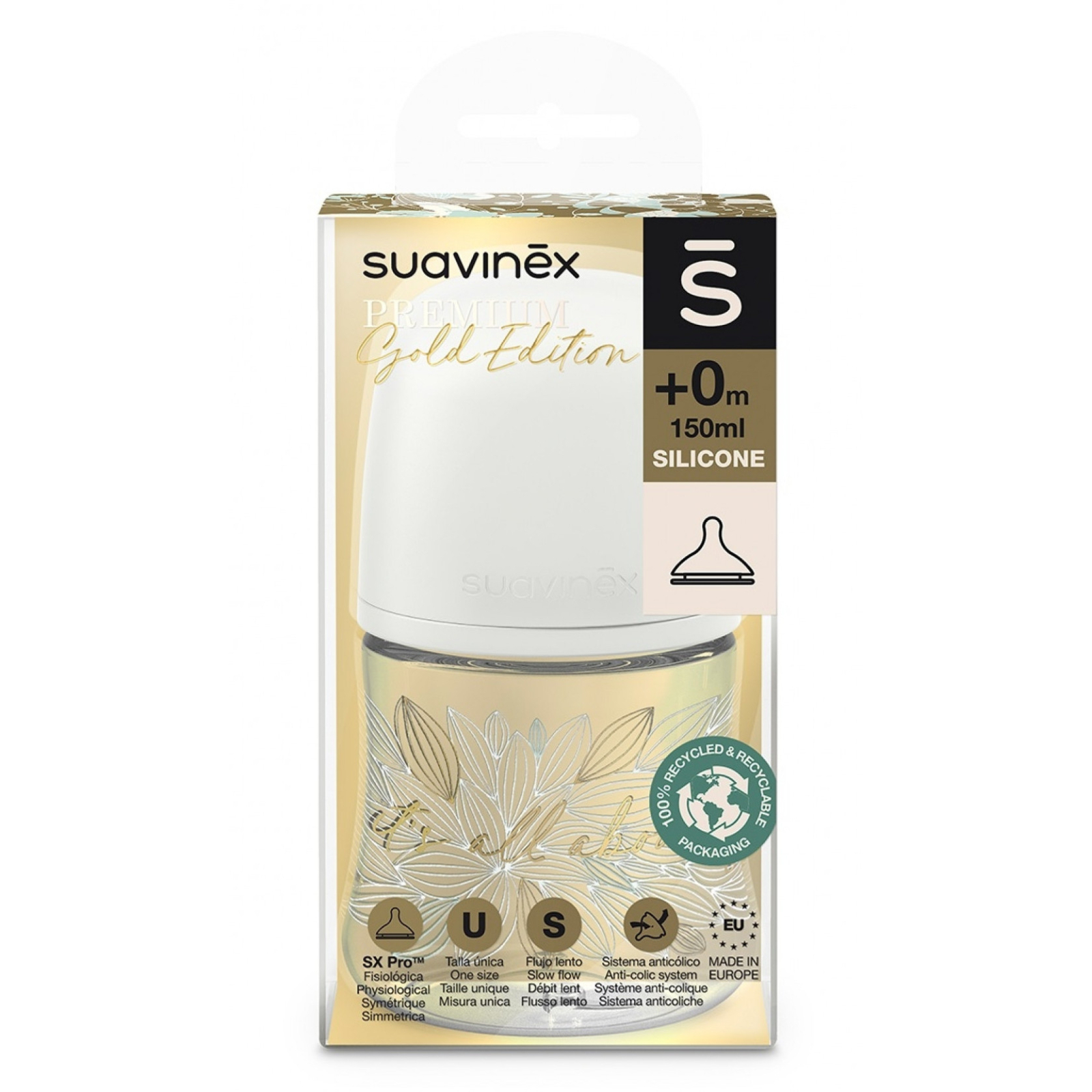 Пляшечка для годування Suavinex Gold Edition, повільний потік, 270 мл, блакитна (307872) зображення 3