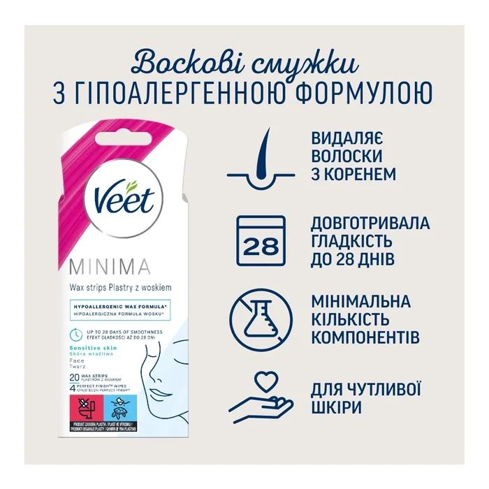 Восковые полоски Veet Minima Гипоаллергенные для чувствительной кожи лица 20 шт. (5900627095883) изображение 2