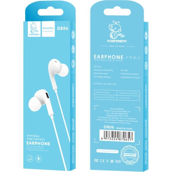 Наушники Denmen HF DR06 3.5mm 1.2 м White (DE-DR06-WH) изображение 4
