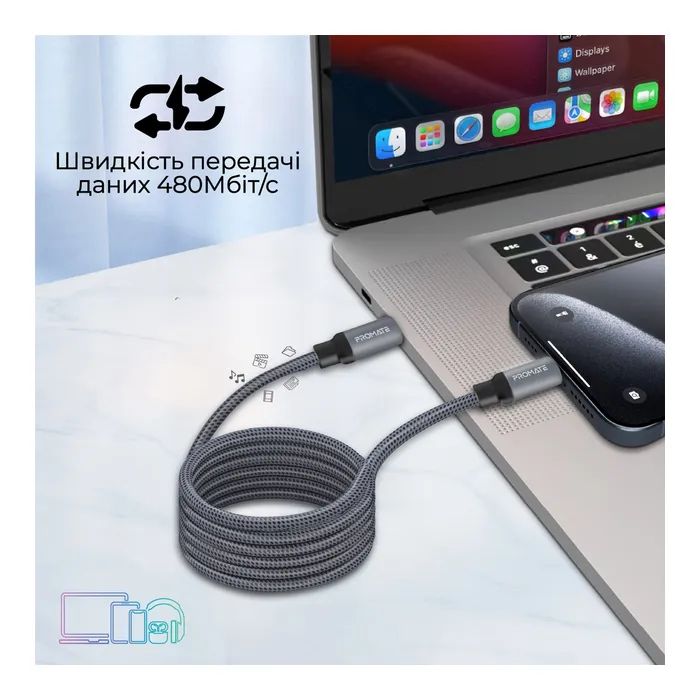 Дата кабель USB-C to USB-C springy.blue Promate (springy.blue) изображение 4