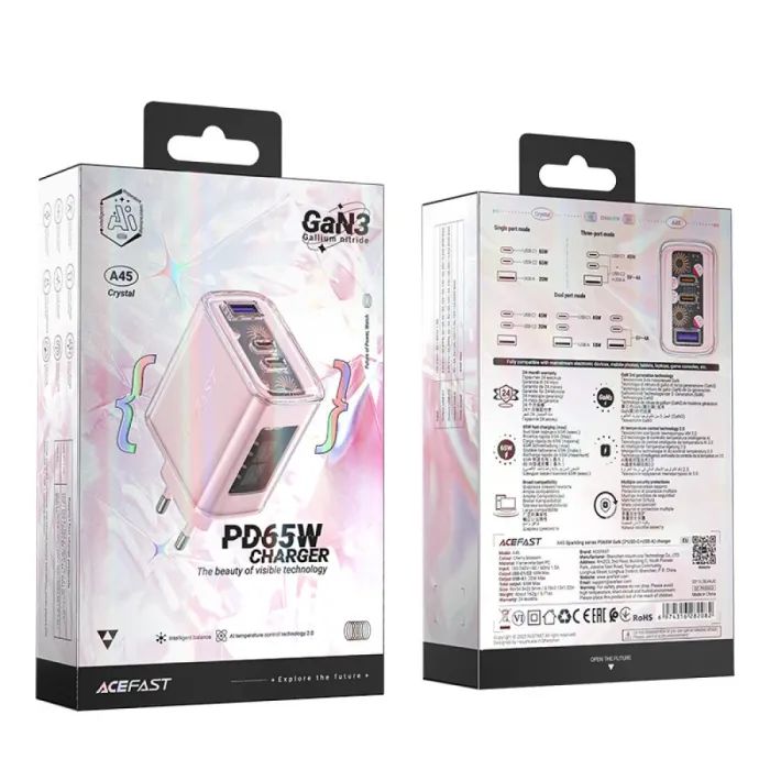 Зарядное устройство Acefast 3xUSB 65W (2xUSB-C+USB-A) Gan A45 Fast Charger Cherry blossom (6974316282082) изображение 5