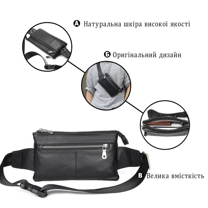 Сумка Vintage Поясная зернистая кожаная Черная (14976) изображение 4