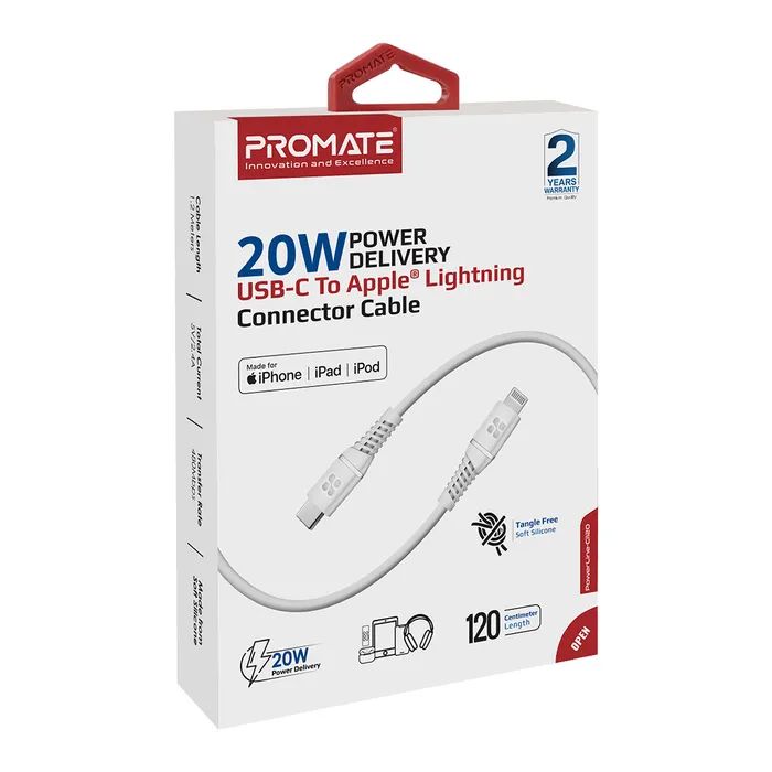 Дата кабель USB-C to Lightning 1.2m 20W PD MFi black Promate (powerline-ci120.white) изображение 2