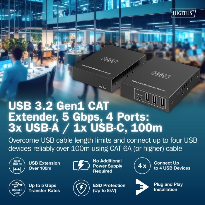 Адаптер Digitus USB extender 100 m RJ-45 to 3xUSB-A + 1xUSB-C (DA-73121) зображення 2