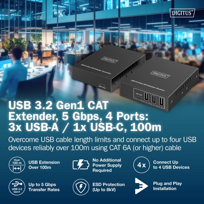 Адаптер Digitus USB extender 100 m RJ-45 to 3xUSB-A + 1xUSB-C (DA-73121) изображение 5