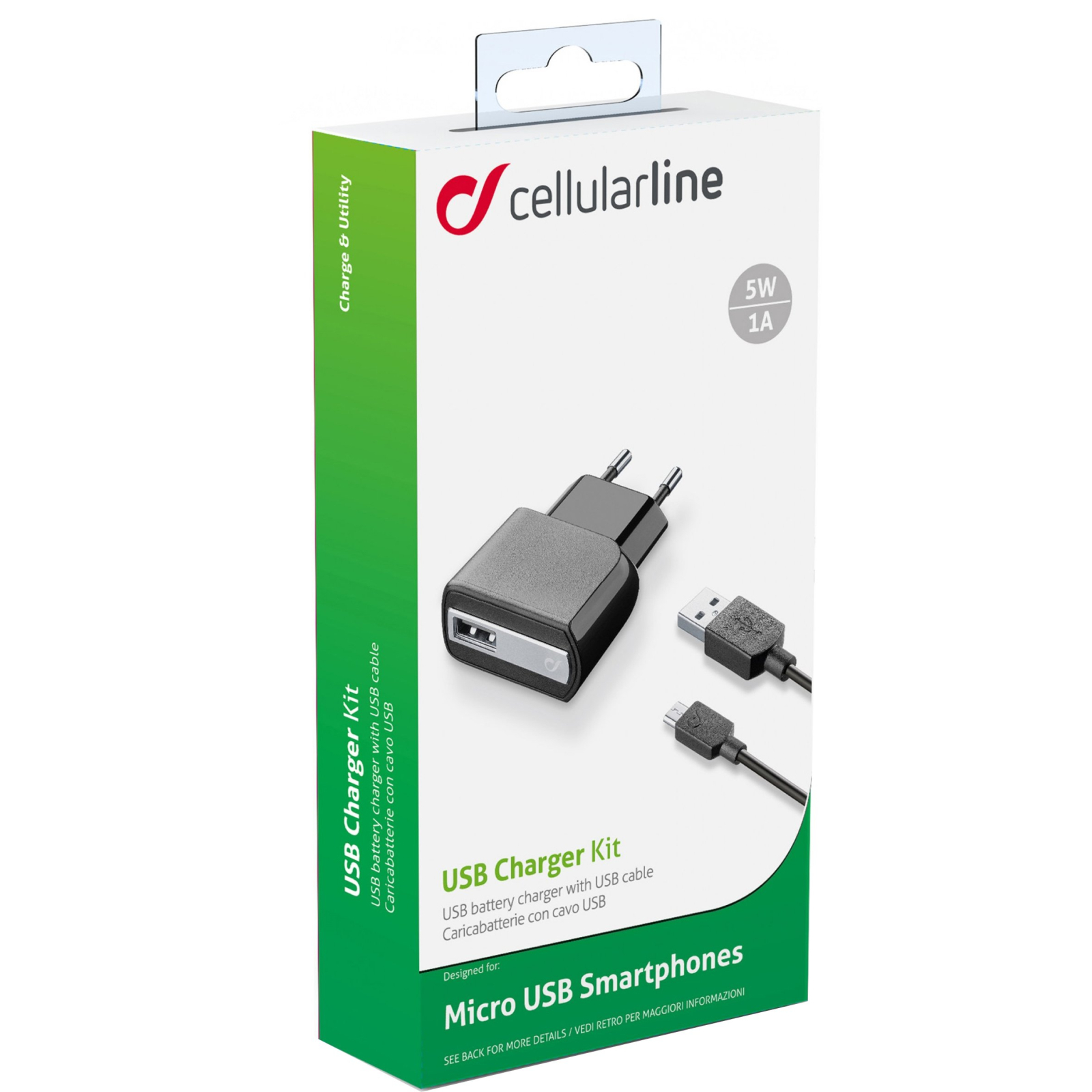Зарядное устройство 1*USB 1A + cable 1m MicroUSB Cellularline (ACHUSBKITMICROUSB2) изображение 2