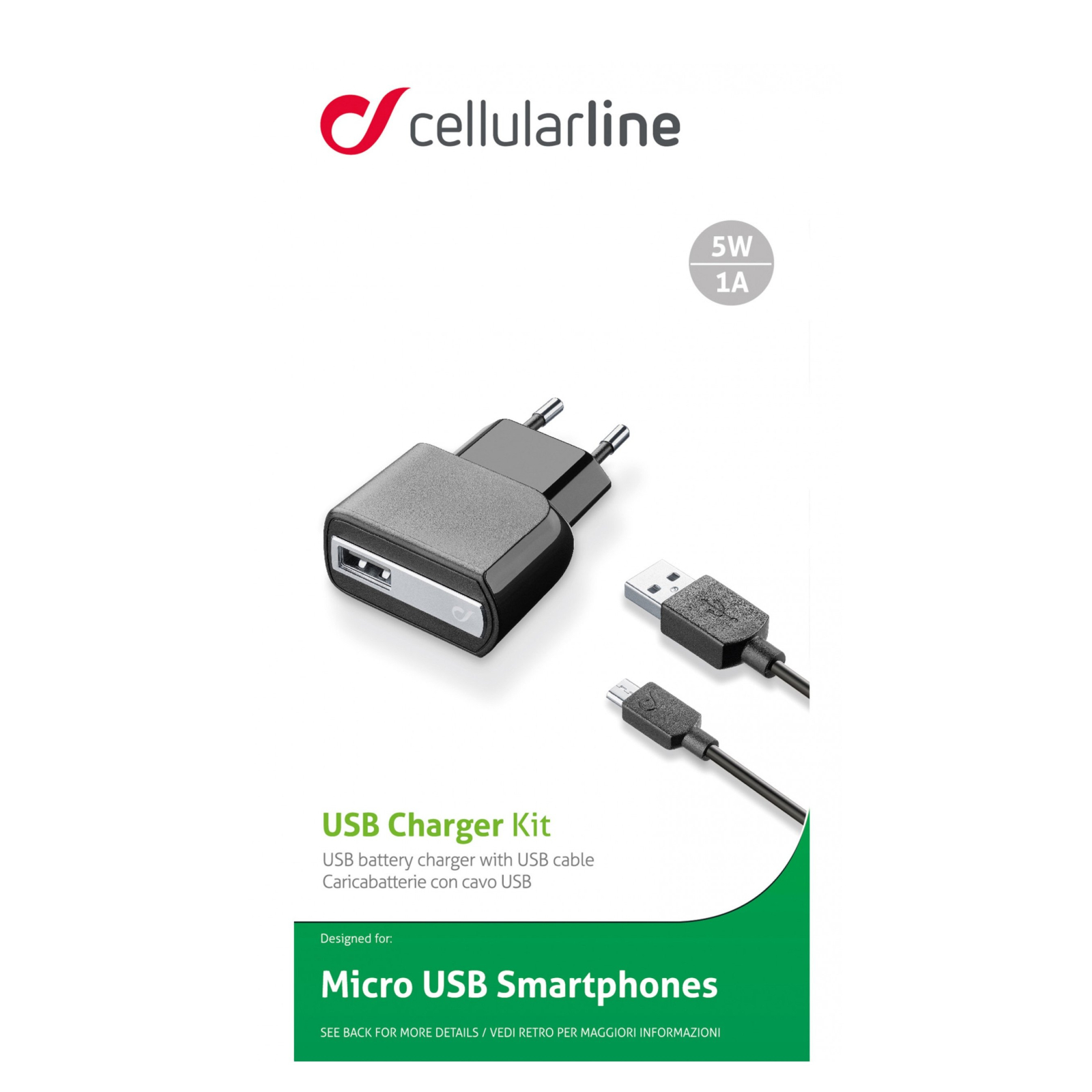 Зарядное устройство 1*USB 1A + cable 1m MicroUSB Cellularline (ACHUSBKITMICROUSB2) изображение 3