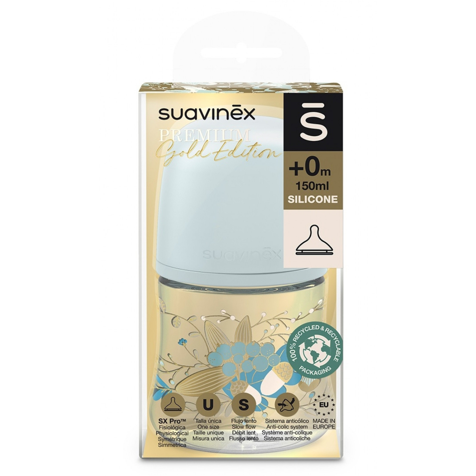 Пляшечка для годування Suavinex Gold Edition, повільний потік, 270 мл, блакитна (307872) зображення 3
