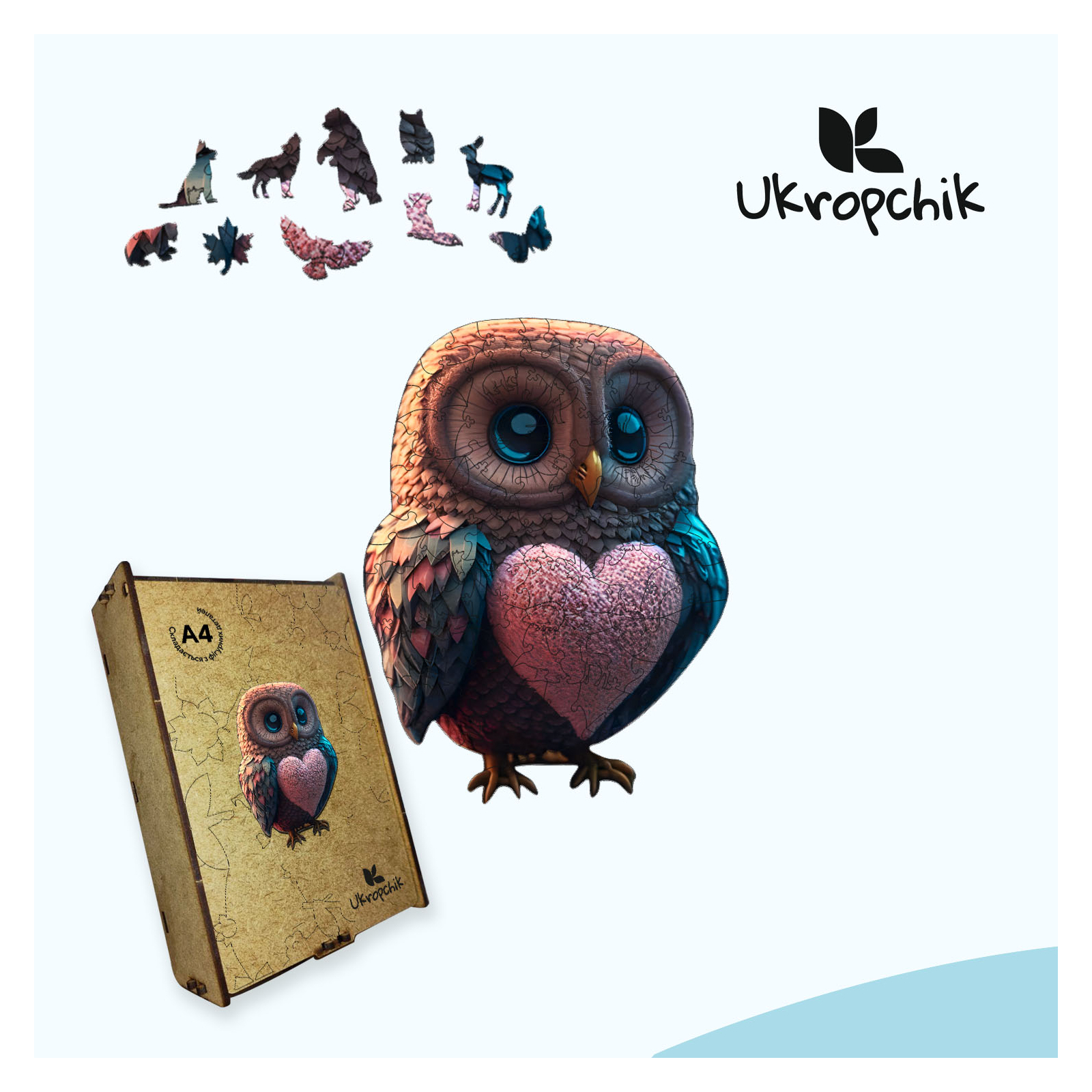 Пазл Ukropchik дерев'яний Романтична Сова size - M в коробці з набором-рамкою (Romantic Owl A4) зображення 5