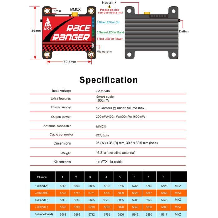 Відеопередавач (VTX) AKK Race Ranger 1.6W 5.8GHz 48CH L,X Band (TX1918LX) зображення 7