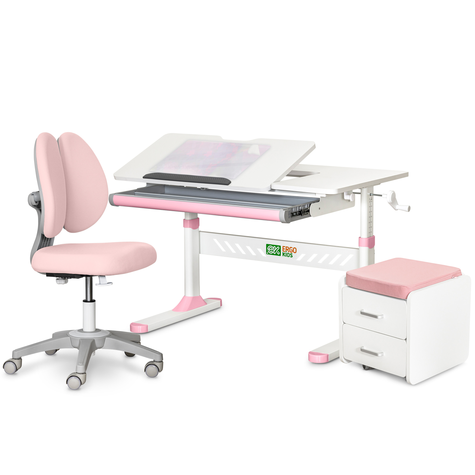 Парта с креслом ErgoKids (L) Pink + тумба (TH-310 + Y-412 Lite + BD C3_PINK)