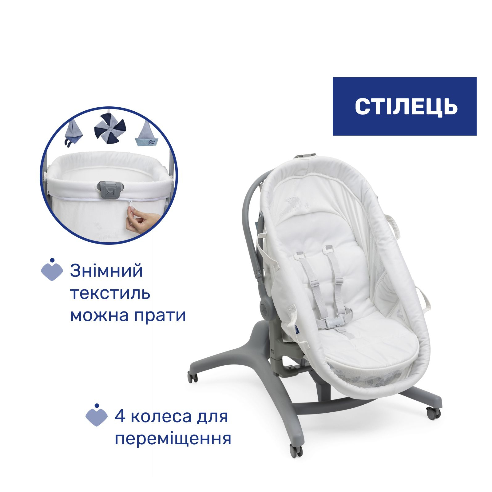 Кроватка Chicco Колыбель для новорожденного 5 в 1 Baby Hug Pro, белый (87076.14) изображение 7