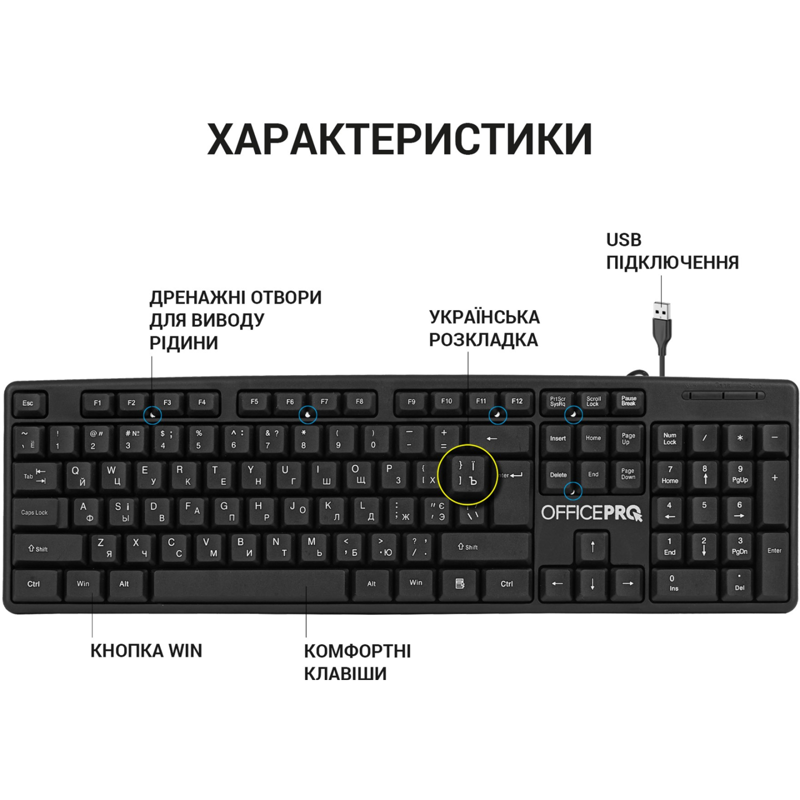 Клавіатура OfficePro SK166 USB Black (SK166) зображення 4