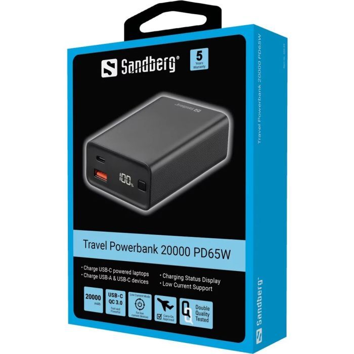 Батарея универсальная Sandberg 20000mAh, PD/65W, QC/3.0, low carrent mode, +cable 100W (420-95) изображение 3