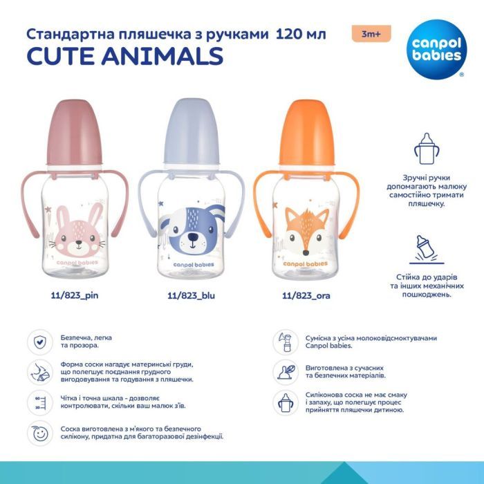 Бутылочка для кормления Canpol babies CUTE ANIMALS стандартная с ручками 120 мл синяя (11/823_blu) изображение 4