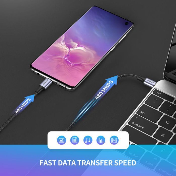 Дата кабель USB-C to USB-C 0.5m 3A 60W US261 black/gray Ugreen (50149) зображення 3