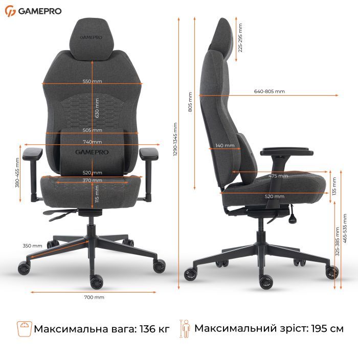 Крісло ігрове GamePro GC760DG Fabric Dark Gray (GC760DG) зображення 11