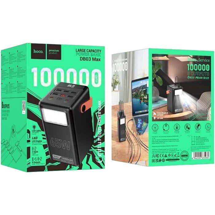 Батарея универсальная HOCO 100000mAh Max Centurion PD/65W, QC, LED Lamp, Black (DB03 / 714722) изображение 5