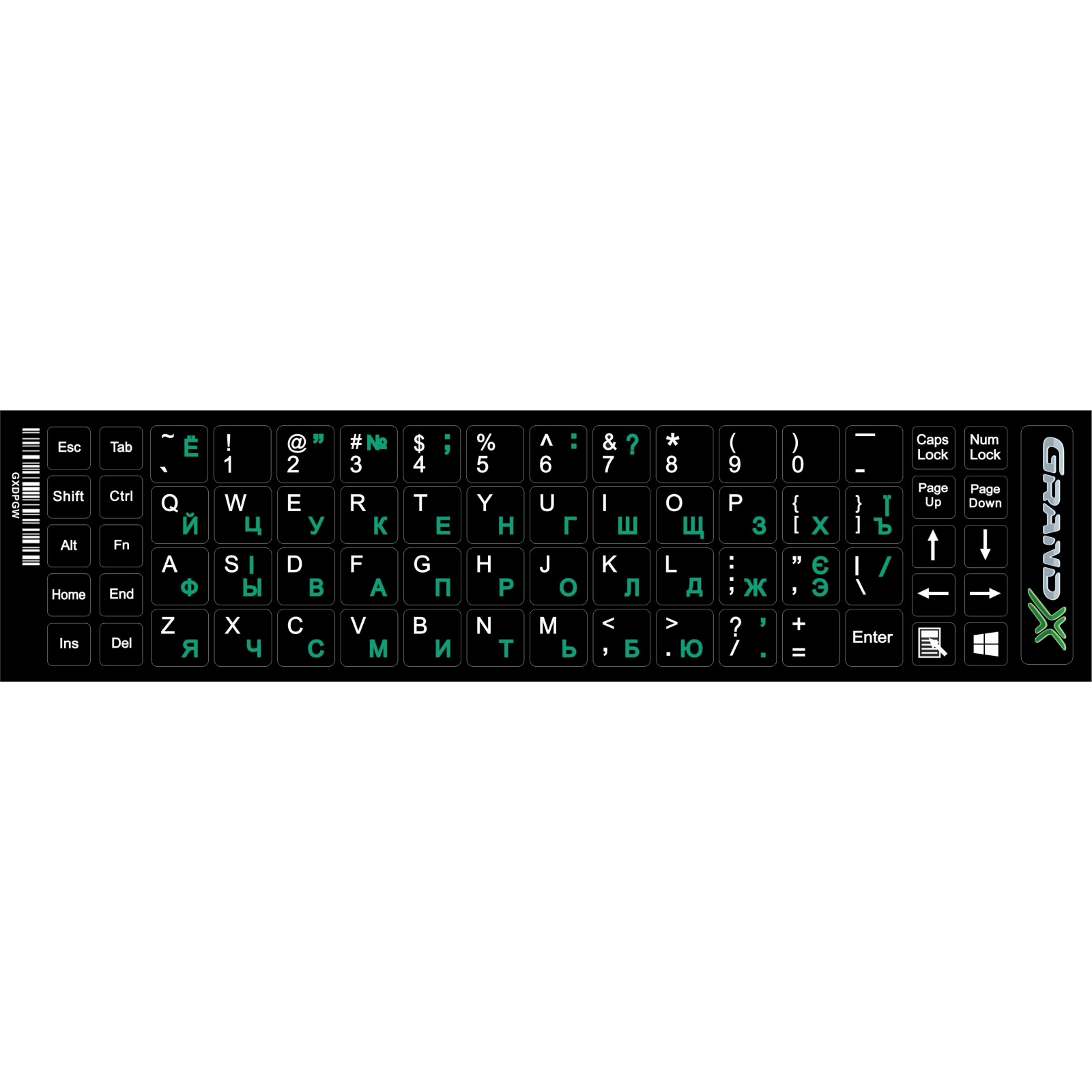Наклейка на клавіатуру Grand-X 68 keys Cyrillic green, Latin white (GXDPGW)