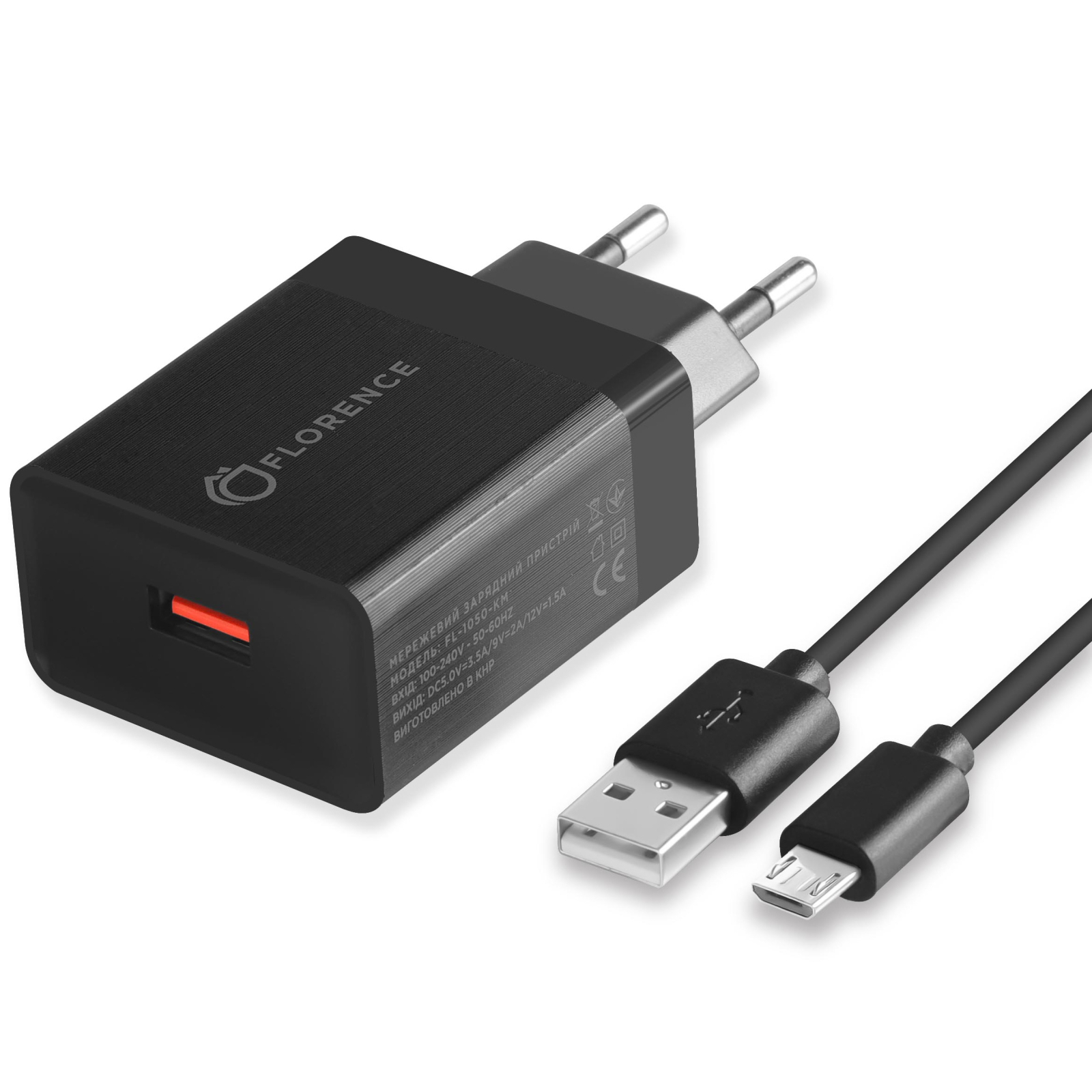 Зарядное устройство Florence 1USB QC 3.0 + microUSB cable Black (FL-1050-KM) изображение 2