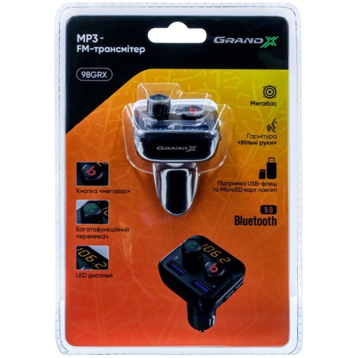 FM модулятор Grand-X 98GRX MegaBass, Bluetooth V5.0 MicroSD, 2USB , MegaBass, han (98GRX) зображення 8