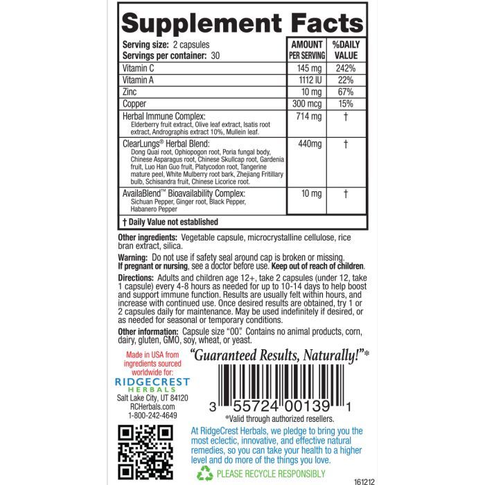 Витаминно-минеральный комплекс Ridgecrest Herbals Иммуностимулирующий Комплекс для Поддержки Легких, Clea (RCH139) изображение 2