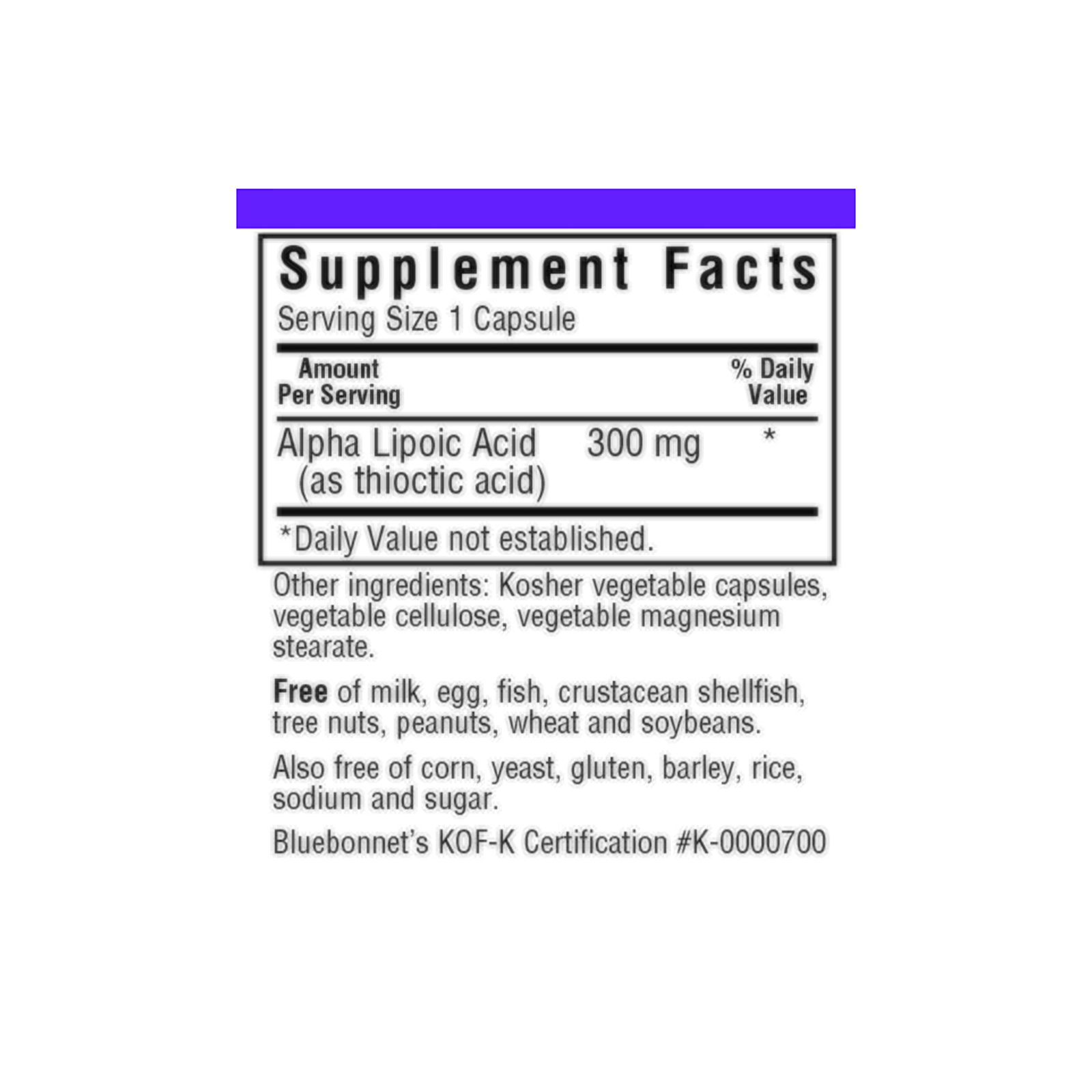 Антиоксидант Bluebonnet Nutrition Альфа-ліпоєва кислота 300 мг, 30 рослинних капсул (BLB0853) зображення 2