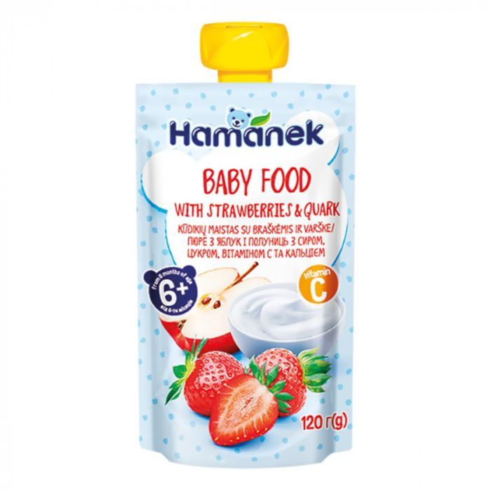 Детское пюре Hamanek Яблоко Клубника Сыр, 120 г (8595139783952)
