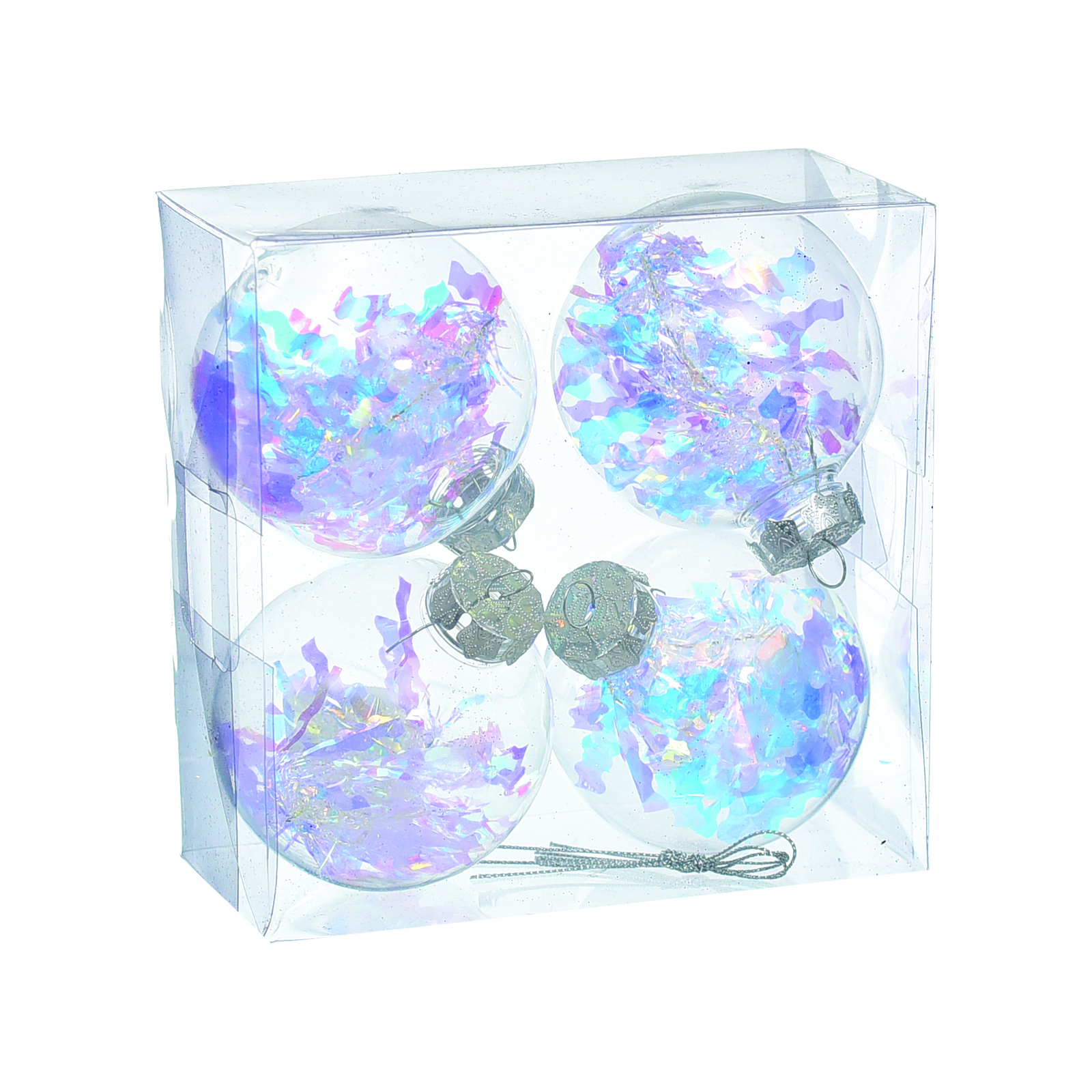 Елочная игрушка Jumi набор прозрачных шариков 4 шт, пластик, 8см, цветная мишура (5900410386792)