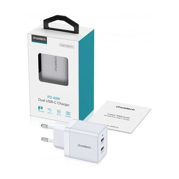 Зарядное устройство Choetech 2xUSB-C 40W PD/QC/PPS (Q5006-EU-WH) изображение 4