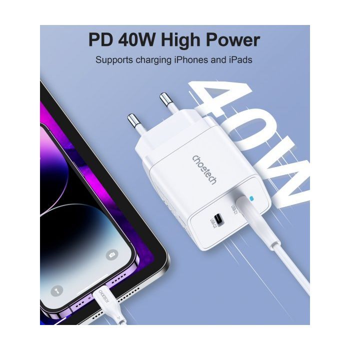 Зарядное устройство Choetech 2xUSB-C 40W PD/QC/PPS (Q5006-EU-WH) изображение 6
