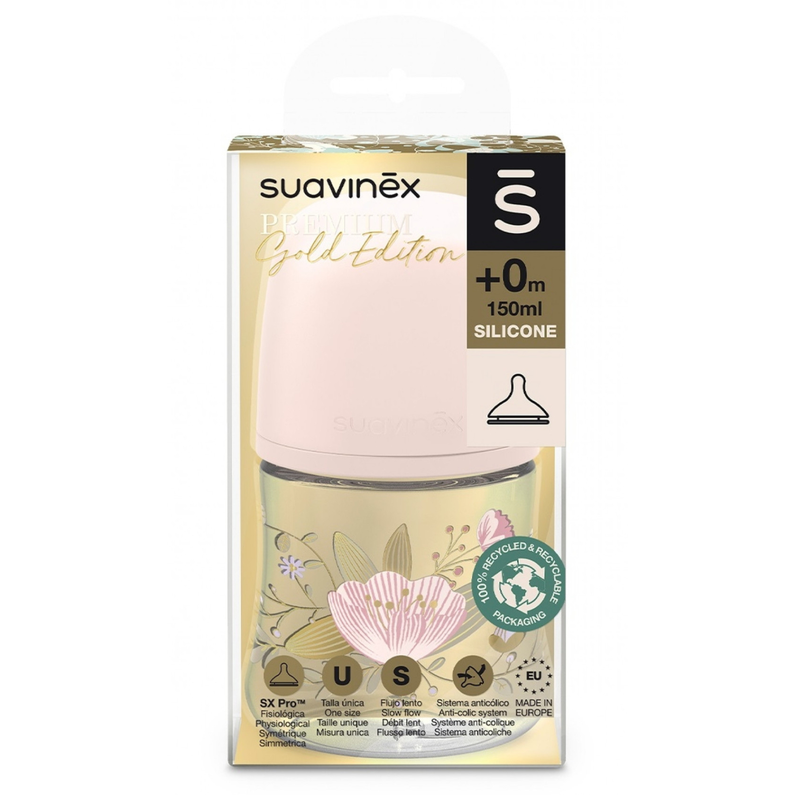 Пляшечка для годування Suavinex Gold Edition, повільний потік, 150 мл, блакитна (307869) зображення 3