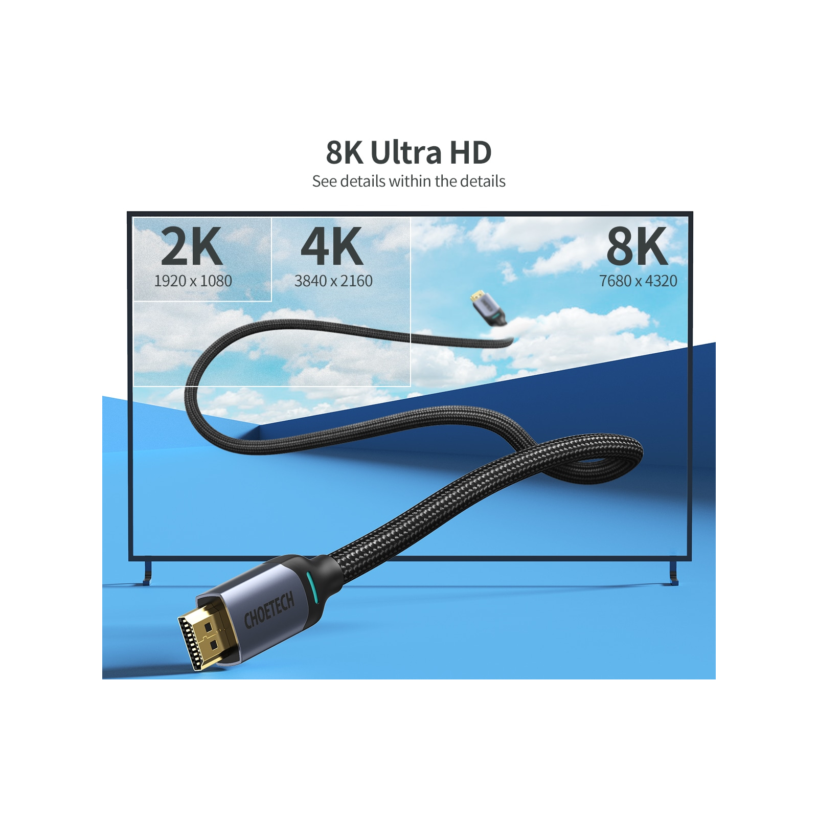 Кабель мультимедийный HDMI to HDMI 2.0m V2.1, 8K60Hz Choetech (XHH01) изображение 3
